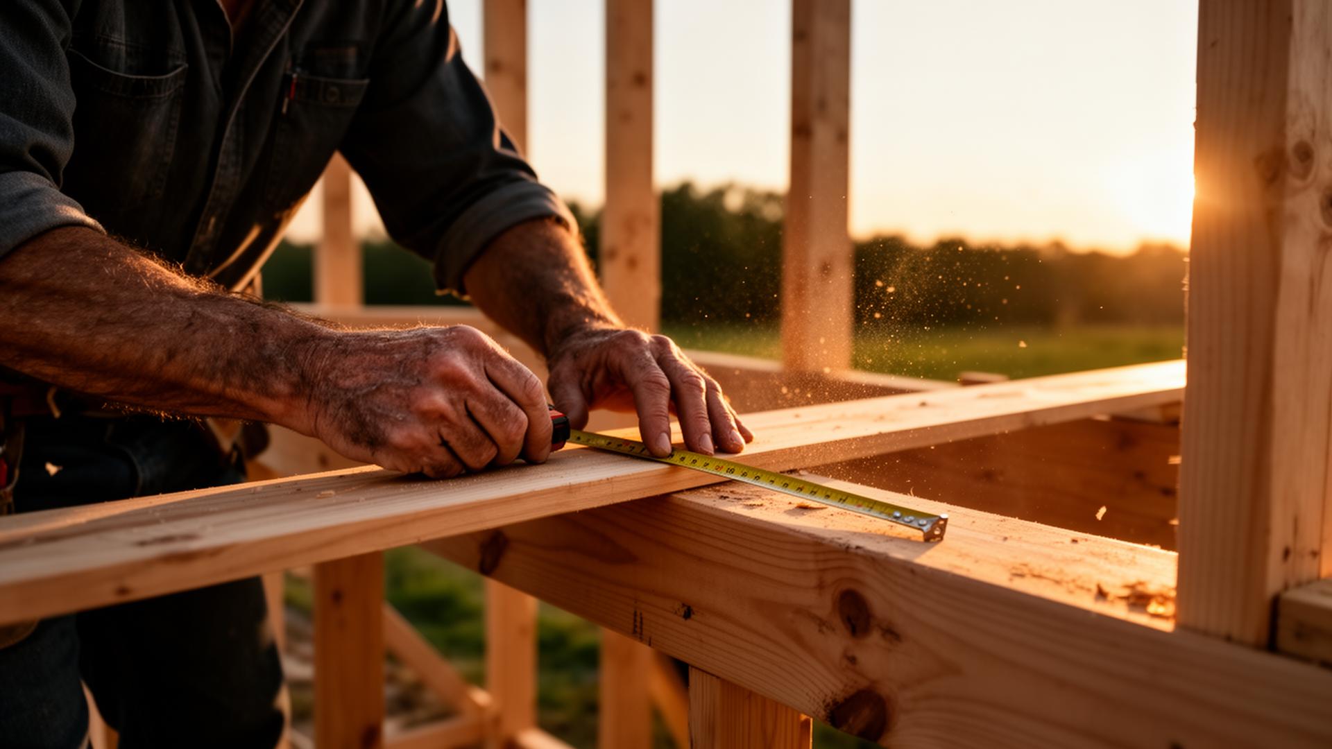 Craftsman hands measuring framing at sunset