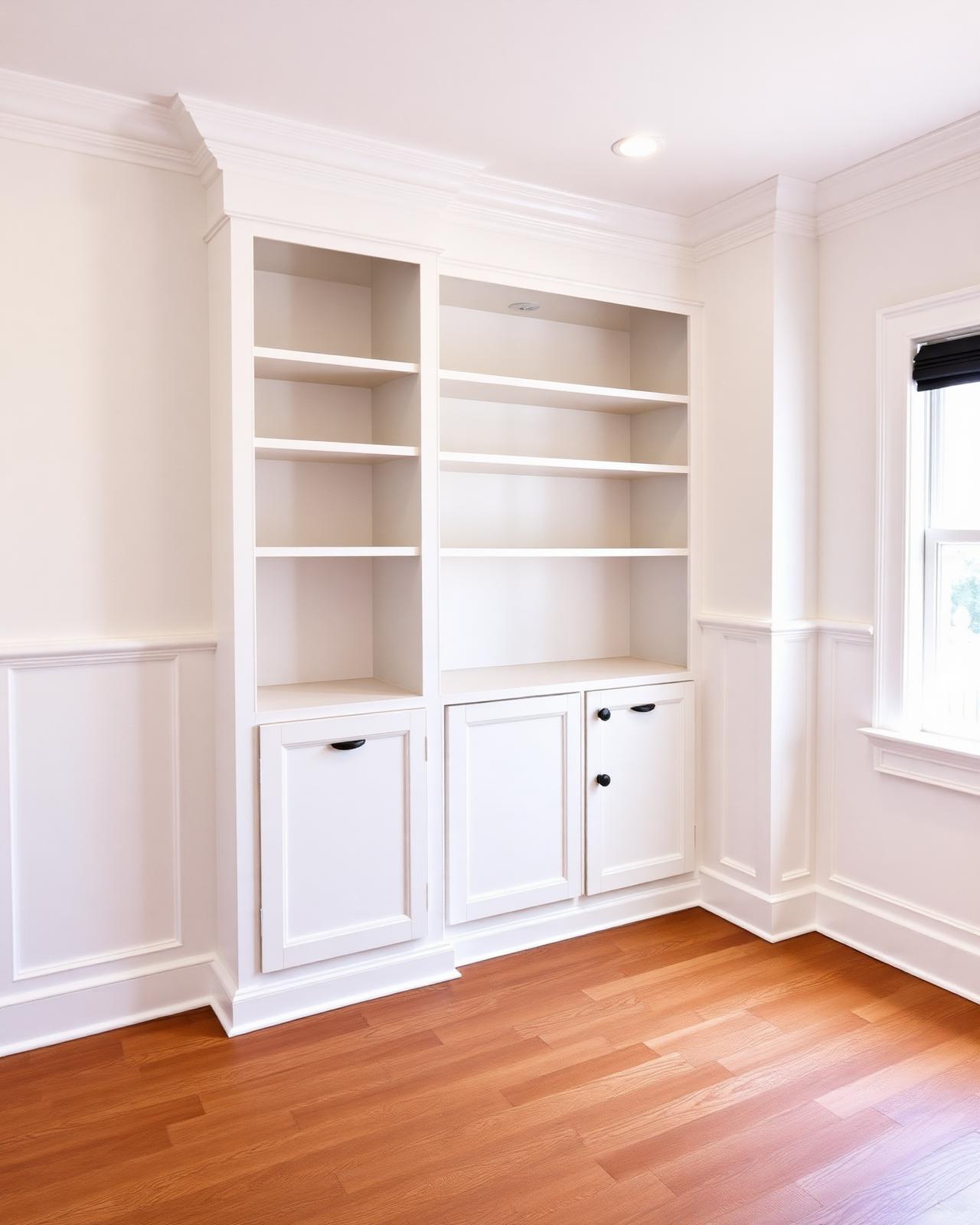 Built-in shelving + wainscoting